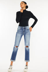 Kancan High Waist Distressed Hem Cropped Straight Jeans - Trendy Women's Denim